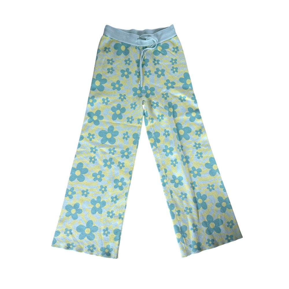 Altard State Floral Knit Wide Leg Pants Yellow Blue Mint Green Drawstring Medium